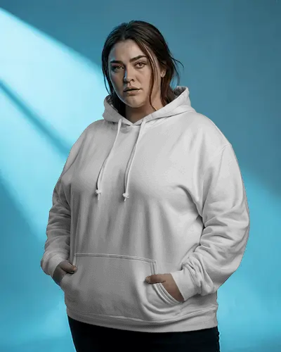 Bold Studio Hoodie Mockup Front Facing Woman With Hands In Pocket Soft Blue Background