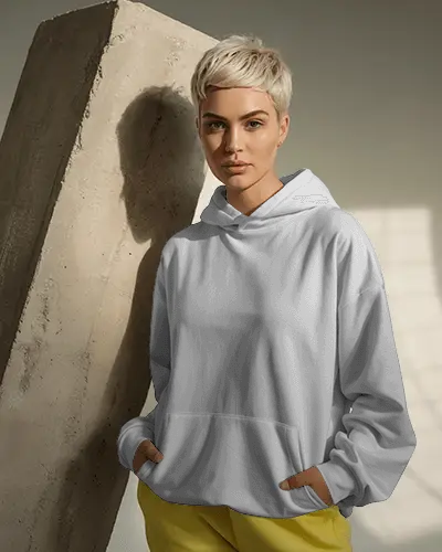 Fashion Forward Hoodie Mockup Casual Outfit Against Geometric Concrete Structure