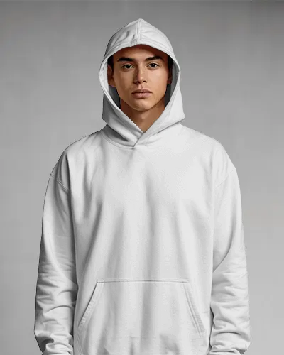 Minimalist Hoodie Mockup Male Model Standing Straight With Hood Up In Soft Light