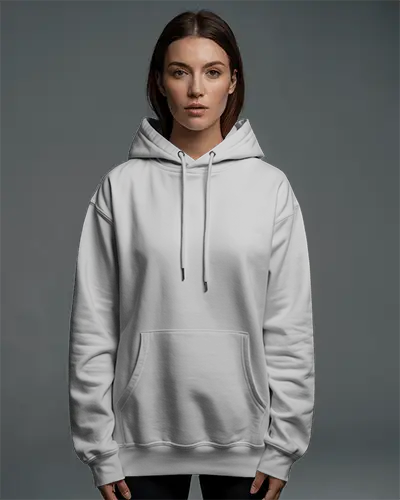 Centered Studio Hoodie Mockup Female Model Standing Straight In Even Lighting With Soft Grey Background 0597