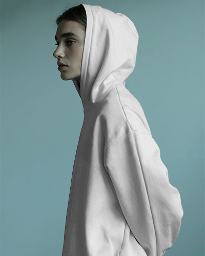 Minimalist Hoodie Mockup With Female Model In Side Profile Against Pastel Blue Backdrop For Contemporary Brand Appeal