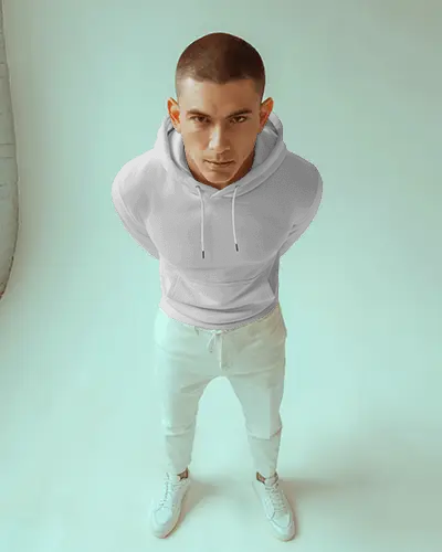 Creative Angle Hoodie Mockup Male Model Posed Against Clean Modern Background