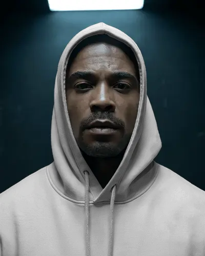 Cinematic Hoodie Mockup Dark Toned Studio Portrait Of Hooded Male Model