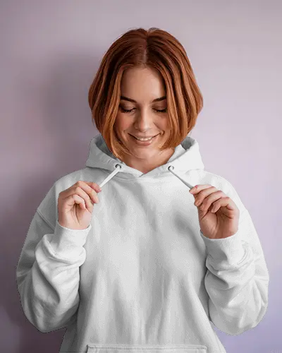 Front View Hoodie Mockup Girl Smiling And Holding Strings In Minimal Studio Setting