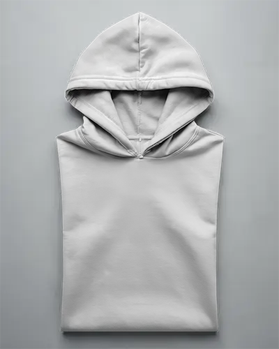 Folded White Hoodie Mockup Top View On Soft Grey Background Clean Flat Lay Presentation With Modern Minimal Style And Subtle Shadows