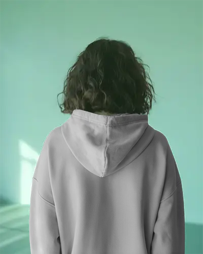Back View White Hoodie Mockup On Person Curly Hair Green Room Light Shadow Effect Design Template Back Print