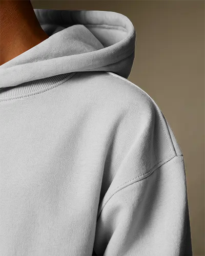 Close Up White Hoodie Mockup Design On Left Chest Area Neutral Background Soft Lighting