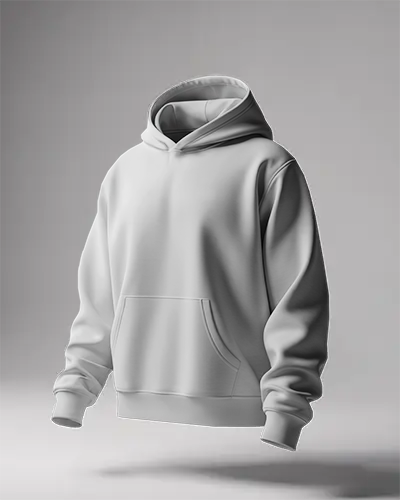 Floating White Hoodie Mockup Front View Clean Light Grey Background Minimalist Studio Lighting Soft Shadows Design Center Chest