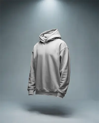 White Hoodie Mockup Floating Front View Spotlight On Blue Background Minimalist Studio Scene Isolated Product Display Realistic Texture Design Placement Centered