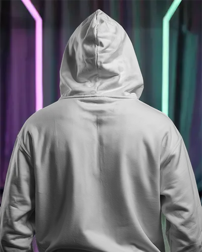 White Hoodie Mockup Back View Colorful Neon Light Background Moody Atmosphere Urban Style Design Centered On Back Realistic Texture