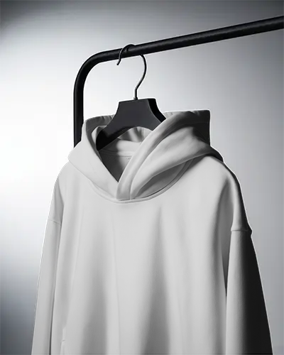 Studio Hanger Hoodie Mockup White Garment On Black Metal Rack With Gradient Lighting