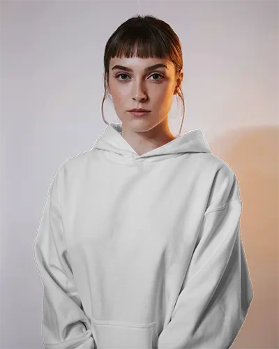 Front View Hoodie Mockup Female Model In White Hoodie Under Soft Dual Lighting