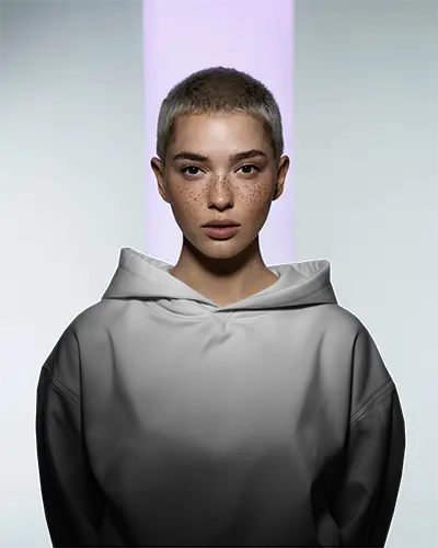 Front View Hoodie Mockup Female Model With Freckles Under Violet Studio Light