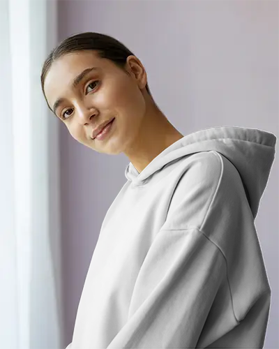 Cozy Natural Light Hoodie Mockup Female Model In White Hoodie With Soft Smile