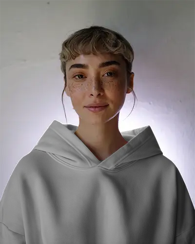 Soft Glow Hoodie Mockup Female Model With Freckles In White Hoodie Under Subtle Backlight