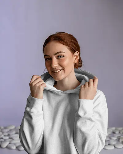 Cheerful Hoodie Mockup With Happy Female Model In Soft Lighting Against Lavender Background For Playful Branding