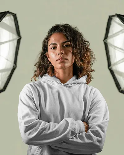 Studio Fashion Hoodie Mockup Strong Female Model Front Facing Lighting Setup
