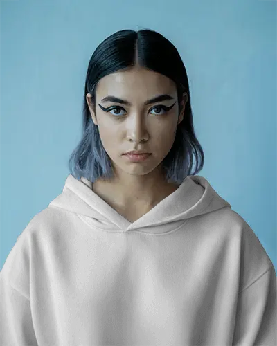 Clean Background Hoodie Mockup Asian Model With Blue Hair And Neutral Expression