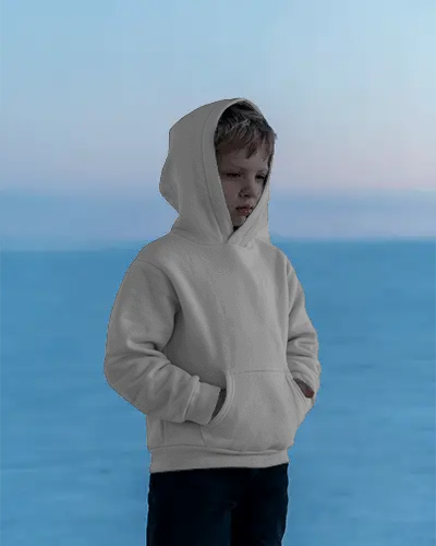 Cozy Hoodie Mockup Boy In Soft Winter Light With Hands In Pocket White Design Template