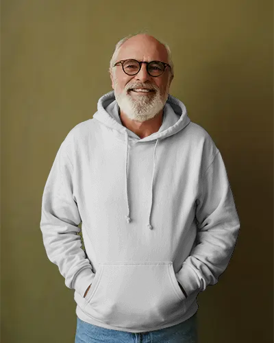Senior Male Hoodie Mockup Smiling Man In White Blank Hoodie Against Warm Background