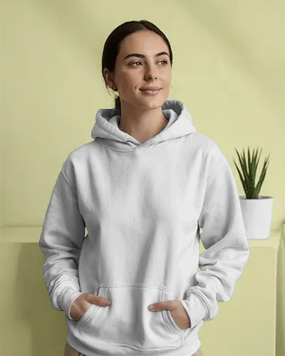 Stylish Blank Hoodie Mockup Female Model In Comfortable Pose Modern Aesthetic