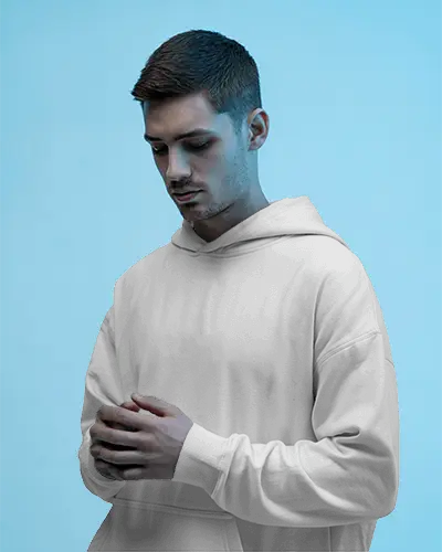 Serene Blue Background Hoodie Mockup White Hoodie On Male Model Looking Down