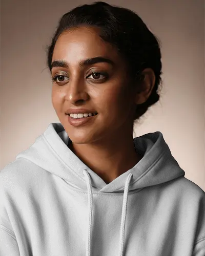 Closeup Woman In White Hoodie Mockup Smiling In Warm Neutral Light