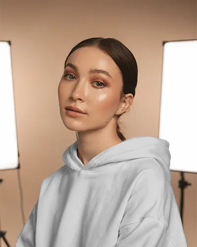 Studio Photo Session Hoodie Mockup With Calm Expression Model