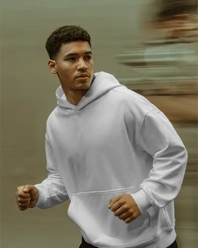 Athletic Man Wearing White Hoodie Mockup In Motion Outdoor Scene