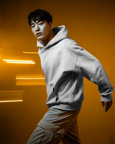 Motion Action Hoodie Mockup Male Model In White Hoodie Running Pose With Orange Light Streaks Dramatic Backdrop 0705