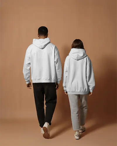Couple Wearing White Hoodies Backside Mockup Minimal Studio Scene