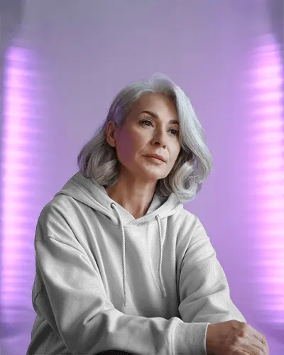 Hoodie Mockup Older Woman Model In Soft Purple Lighting With Contemplative Expression
