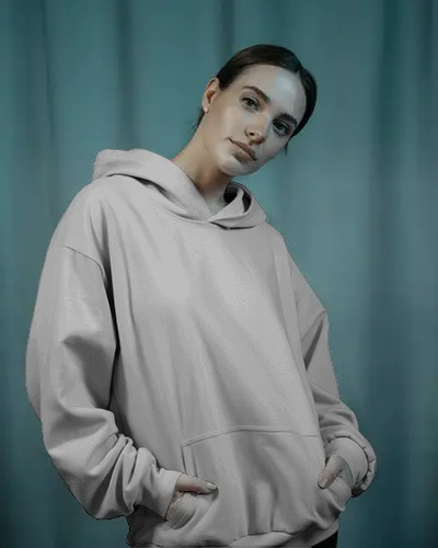 Soft Shadow Hoodie Template Confident Woman Pose In Aqua Toned Backdrop