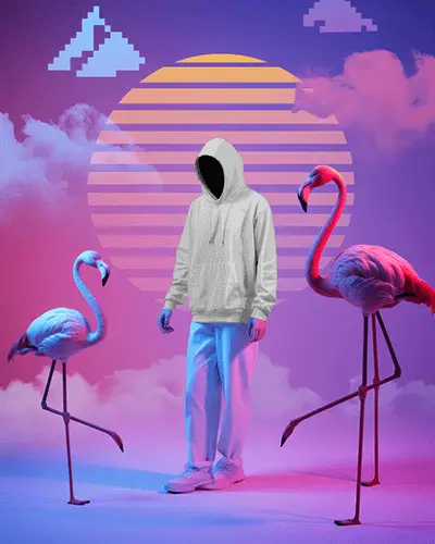Pixel Art Skyline Hoodie Template With Clouds Flamingos And Soft Light