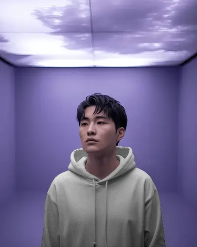 Modern Purple Interior Hoodie Mockup Male Model Under Cloud Ceiling