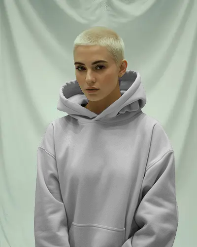Soft Fabric Backdrop Hoodie Mockup Female Model With Buzzcut Hair