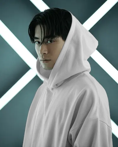 Futuristic Streetwear Hoodie Mockup Male Model In White Hoodie With Neon X Backdrop And Modern Lighting