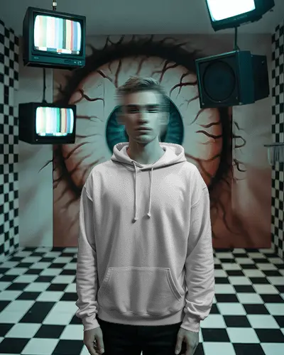 Retro Surrealist Fashion Hoodie Mockup Clean White Pullover In Trippy Studio With Giant Eye Backdrop