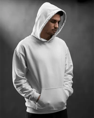 Cinematic Light Hoodie Mockup Male Model In Hooded Pose On Dark Gradient Backdrop