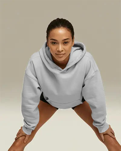 Activewear Hoodie Mockup Woman Stretching Forward In Light Studio Setting Sporty Mood 0766