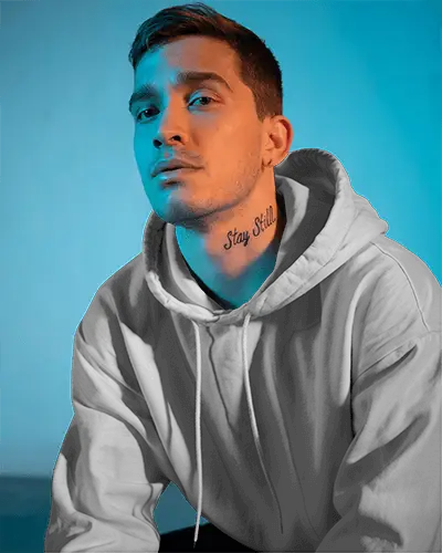 Expressive Urban Hoodie Mockup Stylized Photo With Male Model Under Blue Toned Light Effect