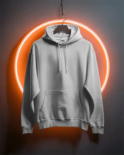 Neon Ring Hoodie Mockup Straight On Hanging View Against Moody Grey Wall Studio Lighting 0769