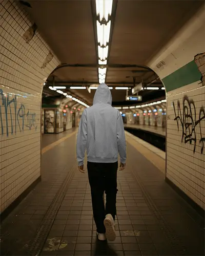 Grunge Metro Tunnel Hoodie Mockup Walking Model In Hoodie On Tiled Subway Platform Scene 0770
