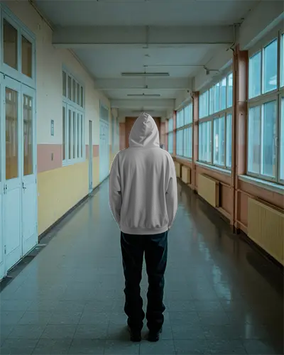 Hoodie Mockup In Institutional Hallway Alone Person Facing Forward In Symmetrical Daylight Setting 0771