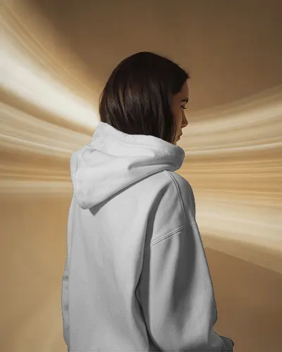 Minimalist Studio Hoodie Mockup Back View Of Woman With Warm Toned Motion Blur Backdrop