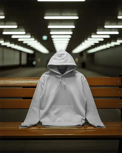 Minimalist Subway Hoodie Mockup White Hoodie On Bench In Symmetrical Underground Setting 0779