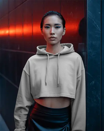 Fashion Forward Hoodie Mockup Female Model With Glossy Skirt In Moody Street Neon Vibes 0780