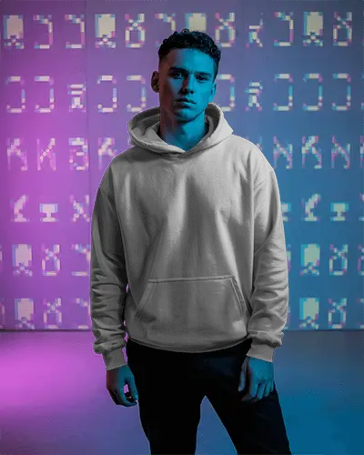 Hoodie Mockup Male Model Under Blue And Pink Lights With Futuristic Wall Display 0781