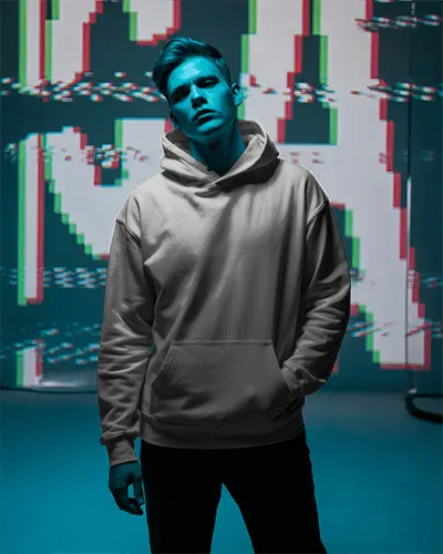 Glitch Effect Hoodie Mockup Male Model With Color Distortion And Retro Digital Background 0782
