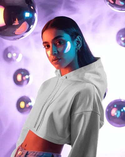 Cropped Hoodie Mockup Modern Party Scene With Young Female And Iridescent Lighting Effect 0785